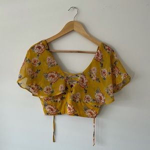 Yellow floral print crop top with flutter sleeve